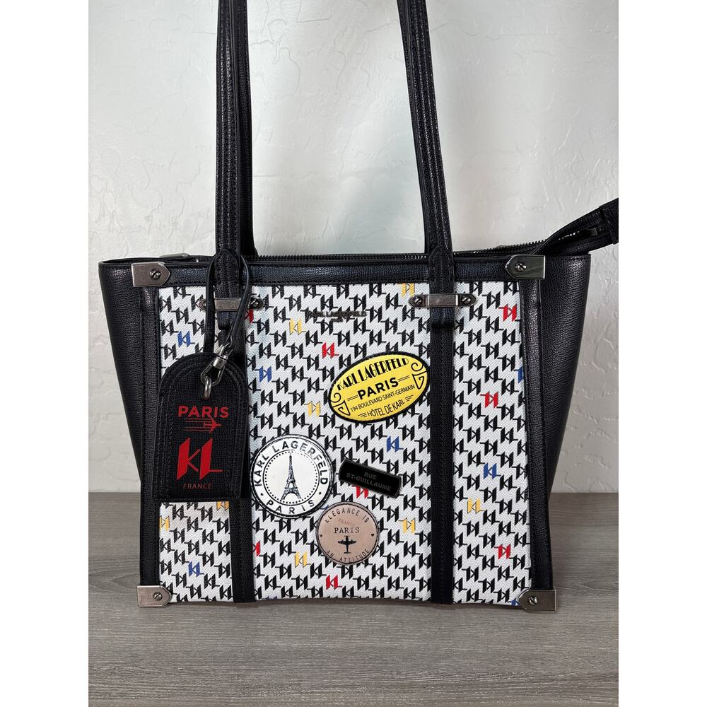 Karl Lagerfeld Paris Patches Marselle Large Shoulder Toteโ Bag Black White NWT